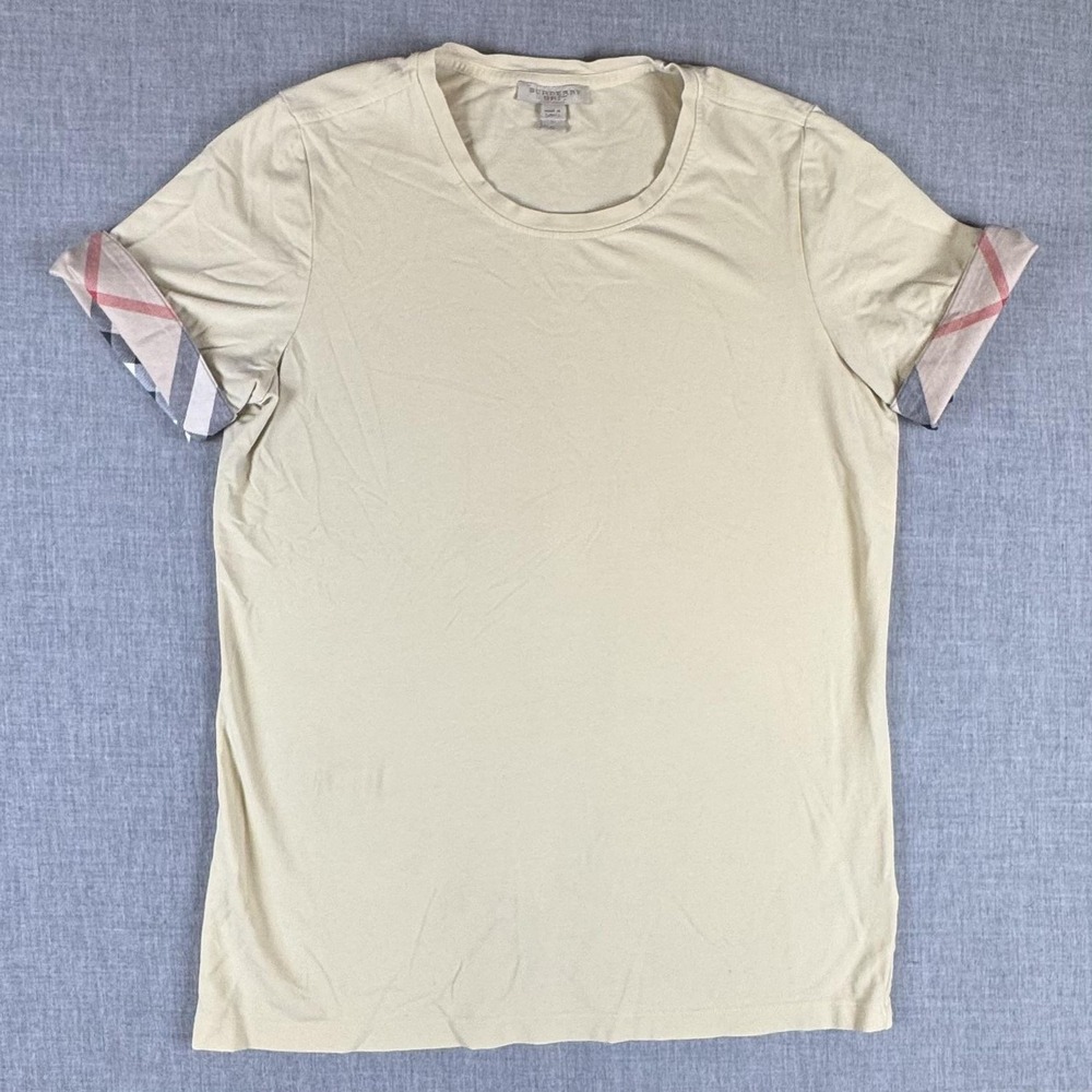 Burberry Brit Shirt Womens Large Beige Nova Check‎ Cuff T-Shirt Stretch Jersey